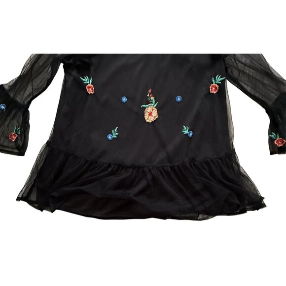 Life Style Women Black Mesh Embroidery Floral Blouse Bell Sleeve Sheer Overlay M - Picture 3 of 8